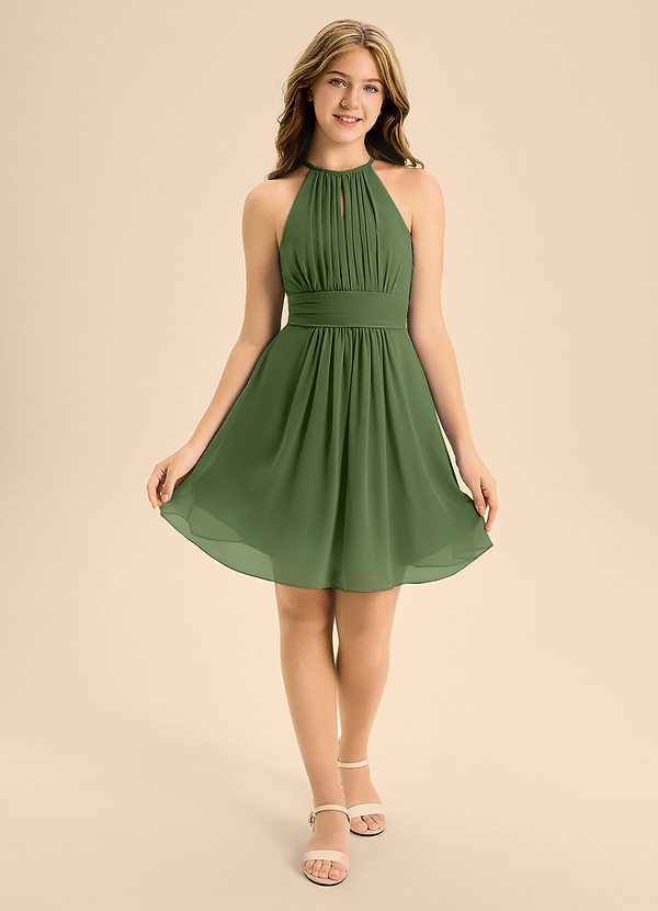 Azazie Bonnie Junior Olive A-Line Pleated Chiffon Dress image1