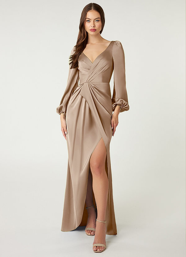 Azazie Mel Bridesmaid Dresses Taupe Sheath Long Sleeve Stretch Satin Dress image1
