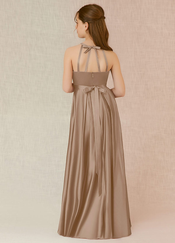 Azazie Arianthe Junior Taupe A-Line with Pockets Stretch Satin Dress image1