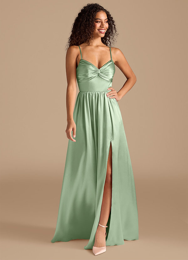 Azazie Zeya Bridesmaid Dresses Matcha A-Line Pleated Metallic Satin Dress image1