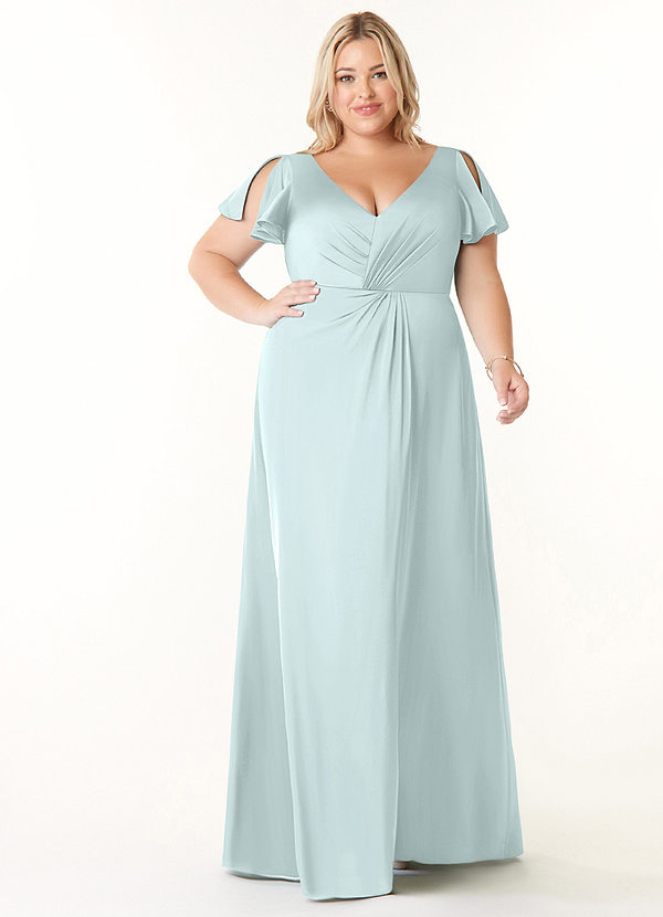 Azazie Soren Bridesmaid Dresses Sea Glass A-Line Pleated Stretch Satin Dress image1