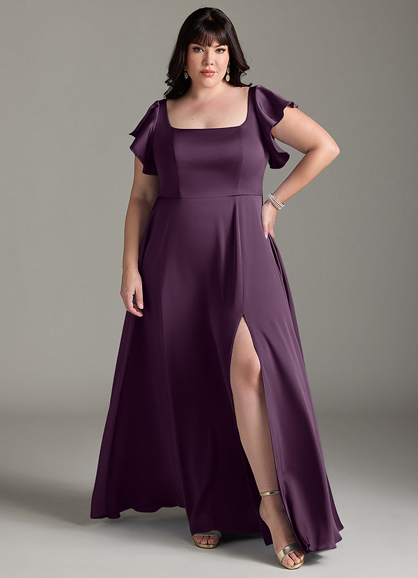 Azazie Bondi Bridesmaid Dresses Plum A-Line Bow Stretch Satin Dress image1