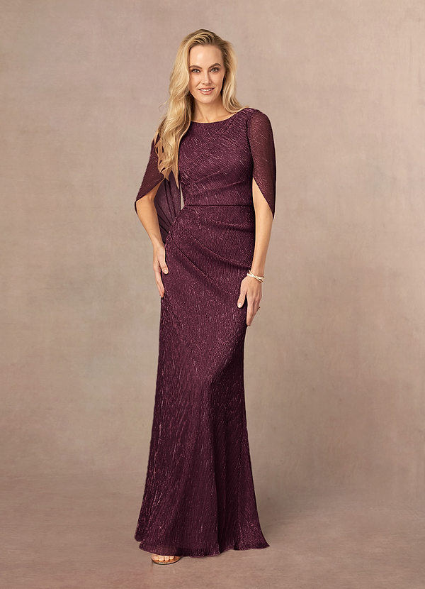 Azazie Paige Mother of the Bride Dresses Berry Sheath Pleated Cape Metallic Mesh Dress image1