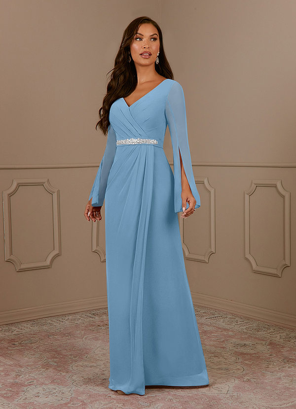 Azazie Belinda Steel Blue A-Line V-Neck Pleated Chiffon Dress | Azazie