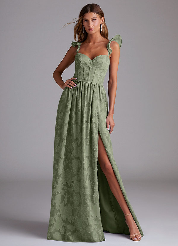 Azazie Denisse Bridesmaid Dresses Pistachio A-Line Ruched Floral Burnout Dress image1