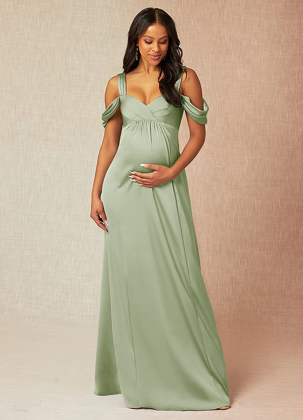 Azazie Rhea Maternity Bridesmaid Dresses Vestir Linha A Plissado Comprimento do chão Cetim elástico image1