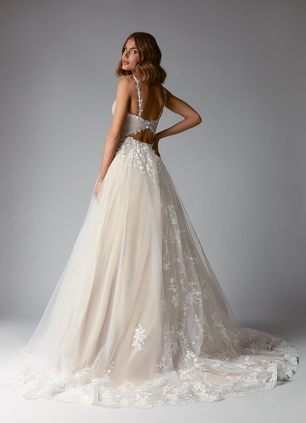 Azazie Devi Wedding Dresses Diamond White Champagne A-Line V-Neck Lace Tulle Dress image1
