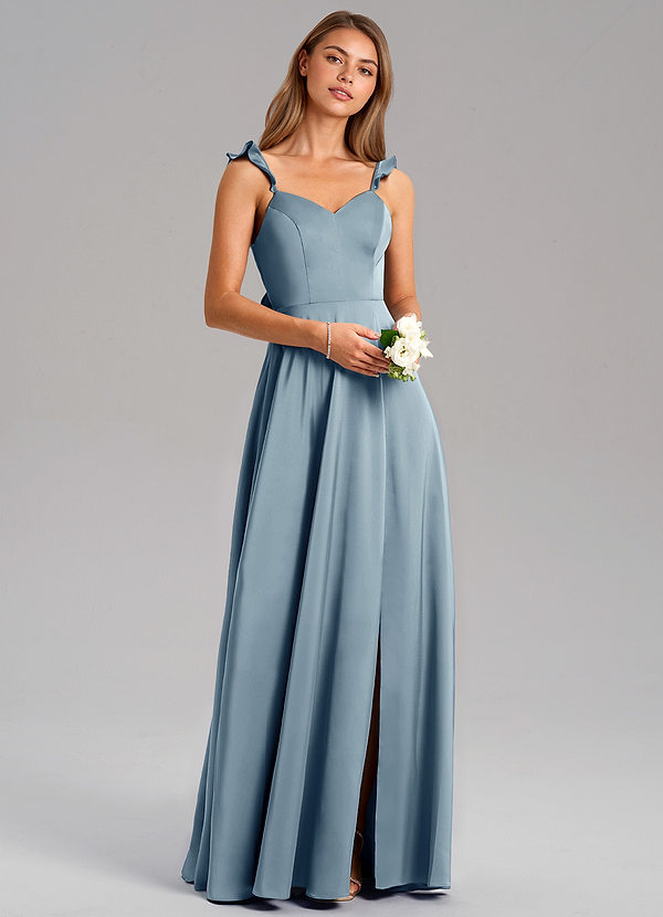 Azazie Everett Robes Demoiselle d'honneur Robe Trapèze en Satin extensible Bleu Poussiéreux image1