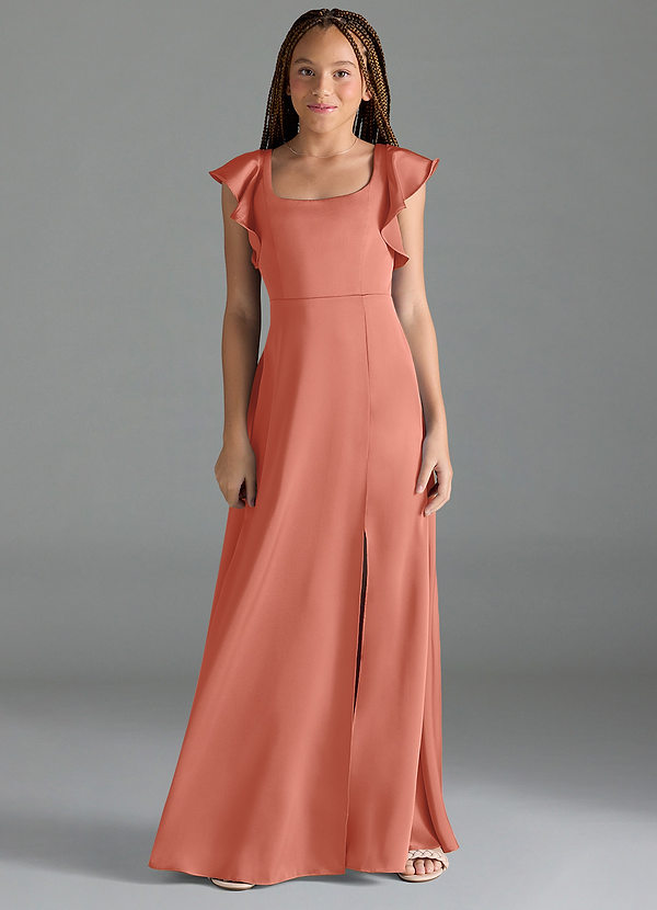 Azazie Bondi Junior Salmon Pink A-Line Side Slit Stretch Satin Dress image1