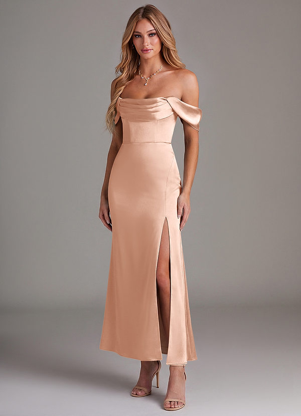 Azazie Saige 신부 들러리 드레스 인어 오프 더 숄더 스트레치 새틴 발목 길이 드레스 image1