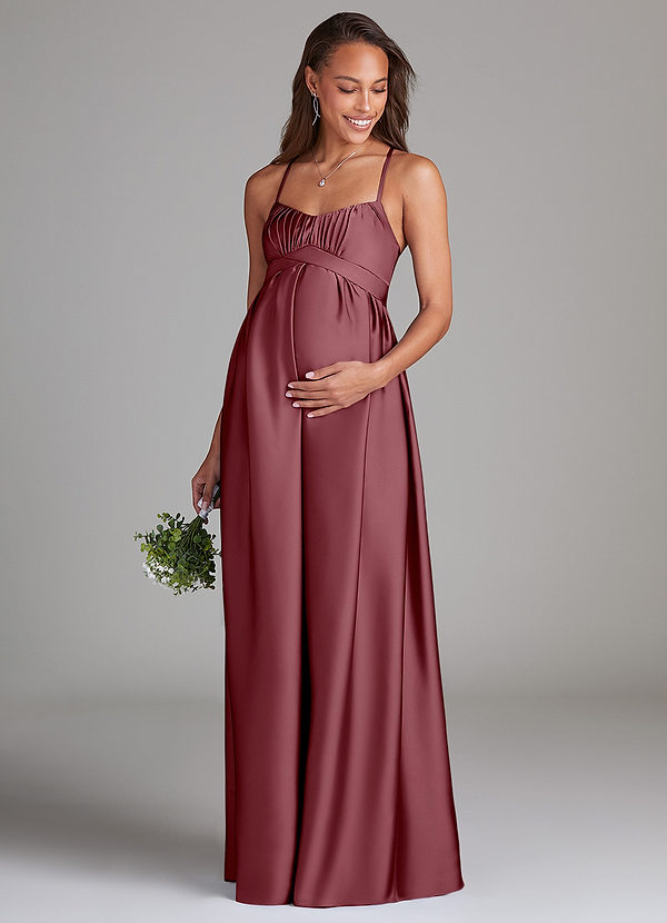 Azazie Llana Maternity Bridesmaid Dresses A-Line Stretch Satin Floor-Length Dress with Pockets image1