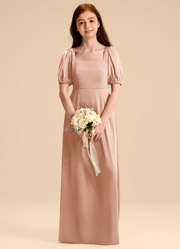 Azazie Briar Junior Rose Gold A-Line Bow Stretch Satin Dress image1