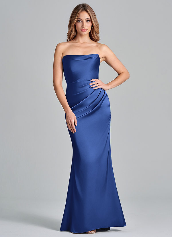 Azazie Olea 신부 들러리 드레스 인어 스트랩리스 스트레치 새틴 바닥 길이 드레스 image1