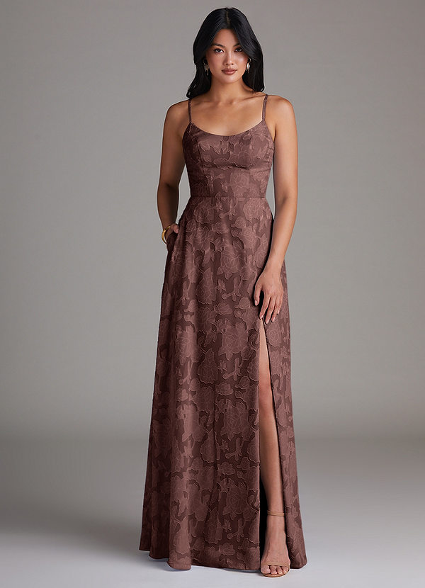 Azazie Moira Suknie dla druhen Linia A Rozcięcie z boku Kwiatowe wypalenie Do ziemi Sukienka image1