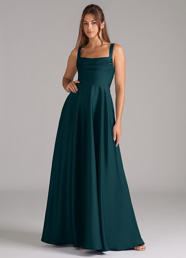 Azazie Shaude Bridesmaid Dresses Pine A-Line Pleated Stretch Satin Dress image1