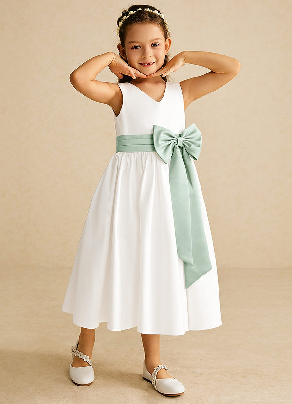 Azazie Darling Flower Girl Dresses Ivory Agave A-Line Bow Cotton Dress image1