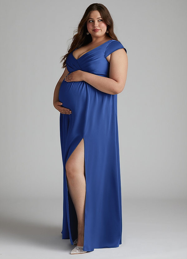 Azazie Allessia Maternity Bridesmaid Dresses A-Line Pleated Stretch Satin Floor-Length Dress image1