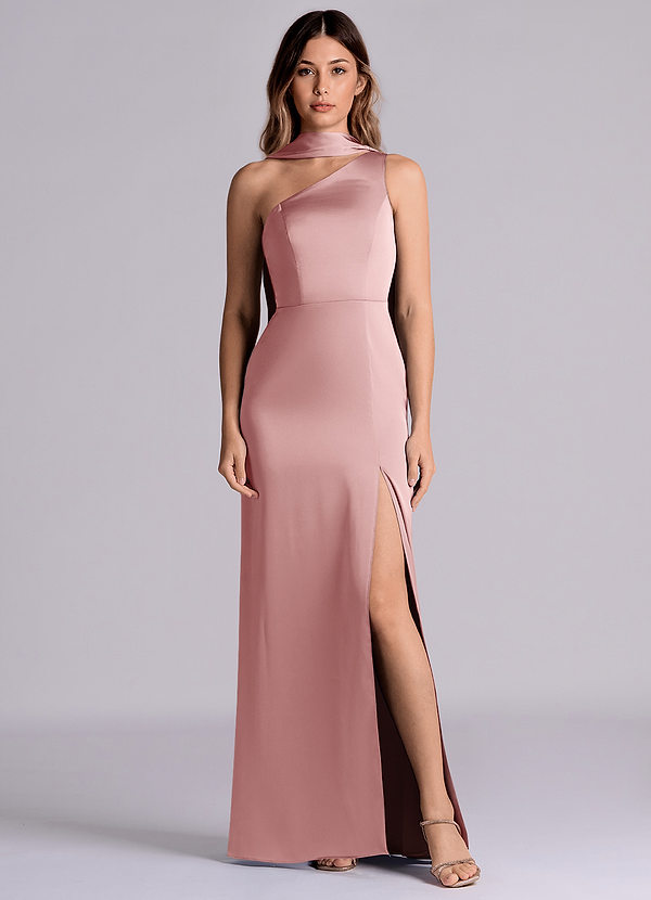 Azazie Philana Brautjungfernkleider A-Linie One-Shoulder Stretch-Satin Kleid Altrosa image1