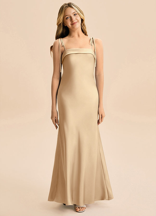 Azazie Willa Junior Vestido de Champán de Satén Elástico de Corte en A con Lazo image1