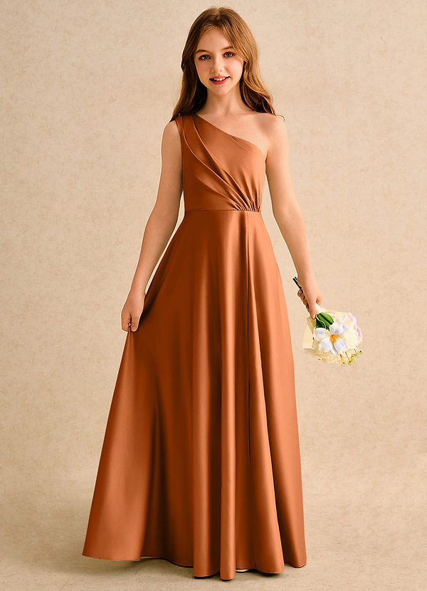 Azazie Puddles Girls Formal Abiti da Ragazza di Fiori Abito A-Line in Raso Opaco Monospalla Rame image1