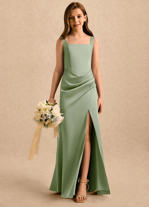 Azazie Noah Girls Formal Vestidos de Niña de Flores Vestido de Salvia Polvorienta de Satén Elástico de Corte Recto con Plisado image1