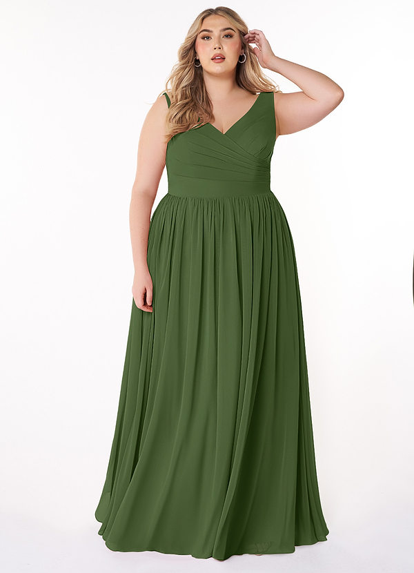 Azazie Keyla Bridesmaid Dresses Olive A-Line V-Neck Pleated Chiffon Dress image1