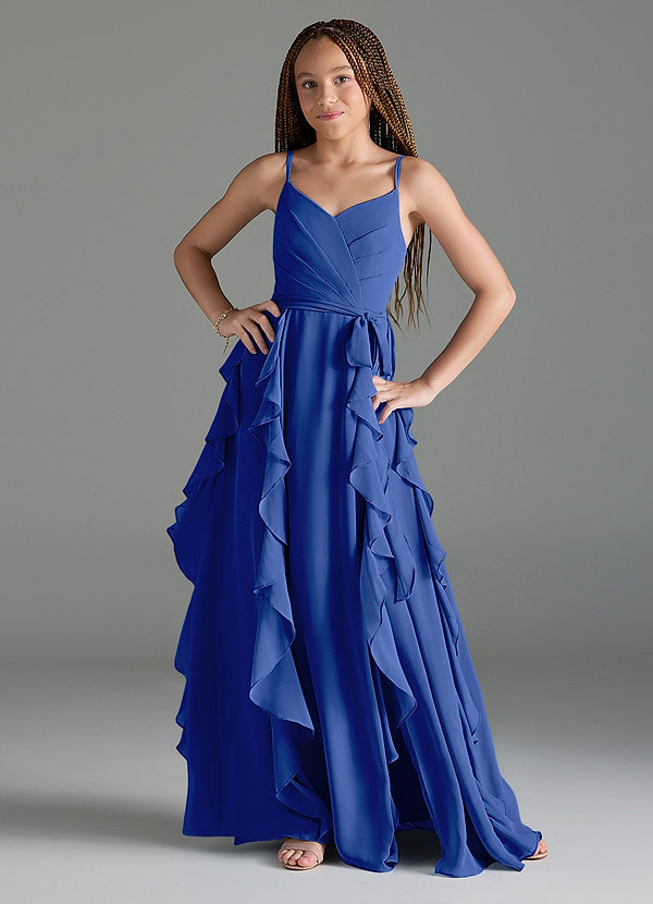 Azazie Peyton Junior Royal Blue A-Line V-Neck Cascading Ruffles Chiffon Dress image1