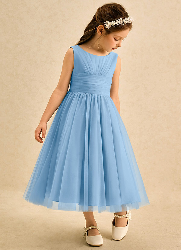 Azazie Macaron Blumenkinder Kleider A-Linie Plissee Tüll Kleid Puderblau image1
