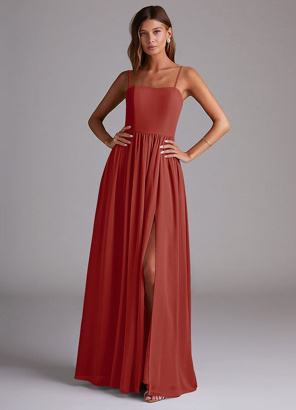 Azazie Calianna Bridesmaid Dresses Terracotta A-Line Off the Shoulder Chiffon Convertible Dress image1