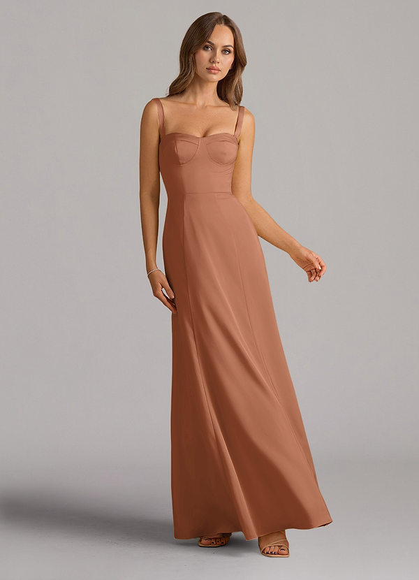 Azazie Amaris Robes Demoiselle d'honneur Robe Trapèze en Satin extensible Corset Bronze image1