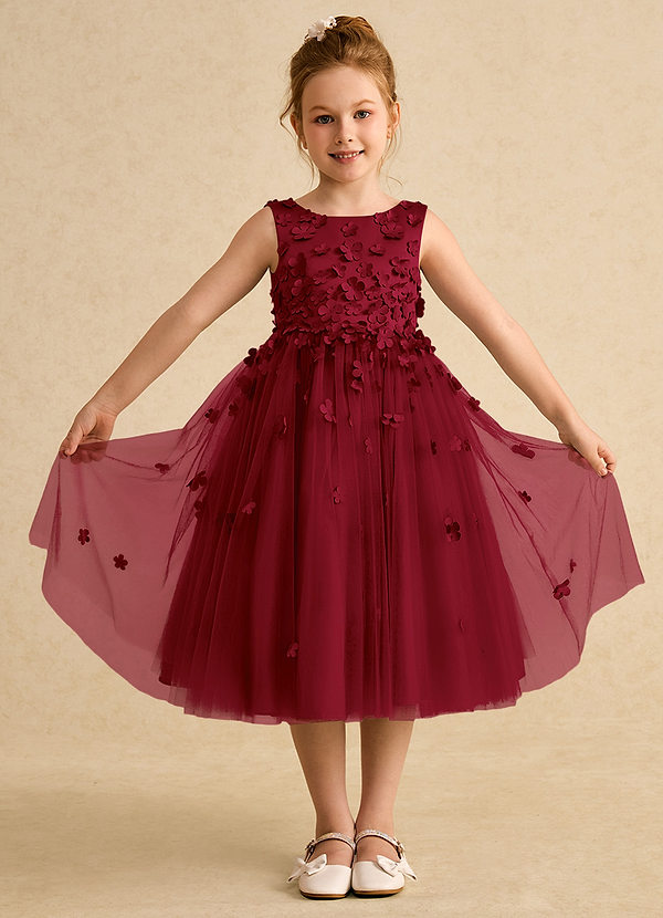 Azazie Lana Flower Girl Dresses Burgundy A-Line Sleeveless Matte Satin Dress image1
