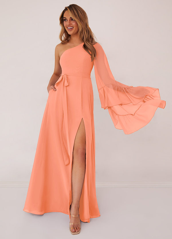 Barbie ♥ Azazie Robes Demoiselle d'honneur Robe Trapèze en Mousseline de soie Manche longue Coucher De Soleil image1