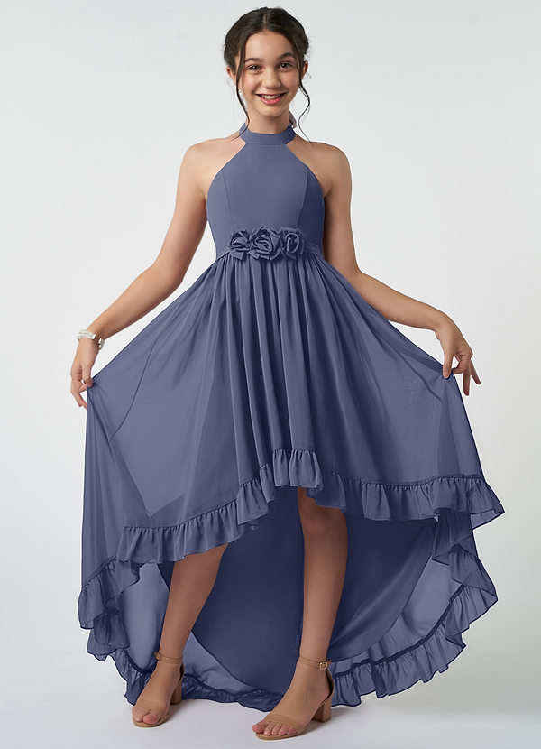 Azazie Hermione Junior Robe Trapèze en Mousseline de soie Bleu Orageux image1