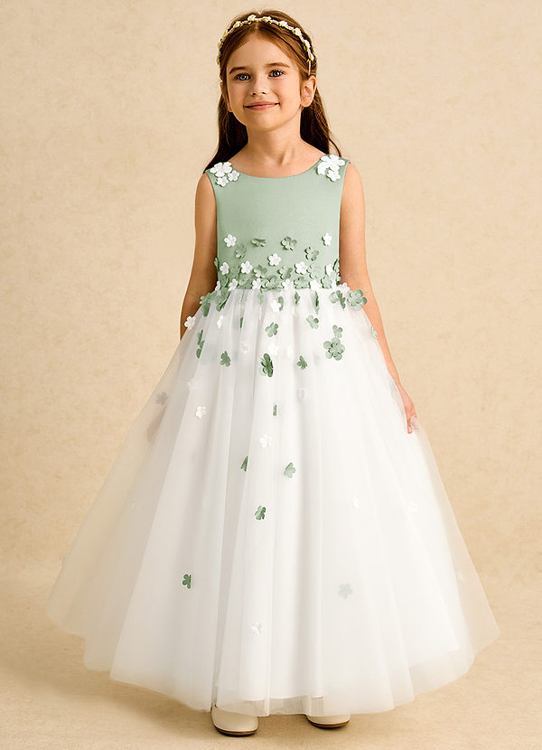 Azazie Eleni Blumenkinder Kleider Ballkleid Schleifen Tüll Kleid Elfenbein Staubiger Salbei image1