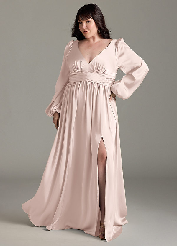 Azazie Norah Robes Demoiselle d'honneur Robe Trapèze en Satin extensible Rose Pâle image1