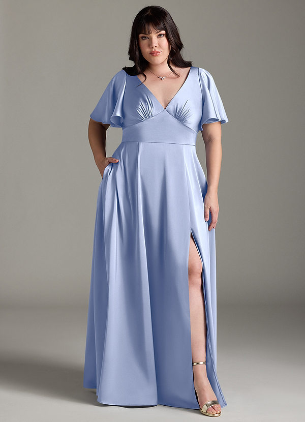 Azazie Kimber Bridesmaid Dresses Ice A-Line Ruched Stretch Satin Dress image1