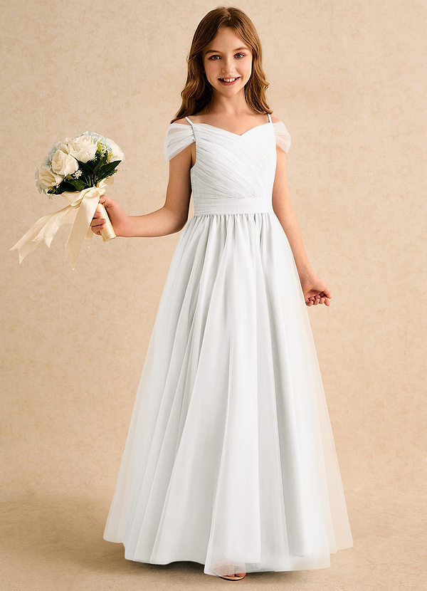 Azazie Yuna Junior Formal Flower Girl Dresses Ivory A-Line Off the Shoulder Tulle Dress image1