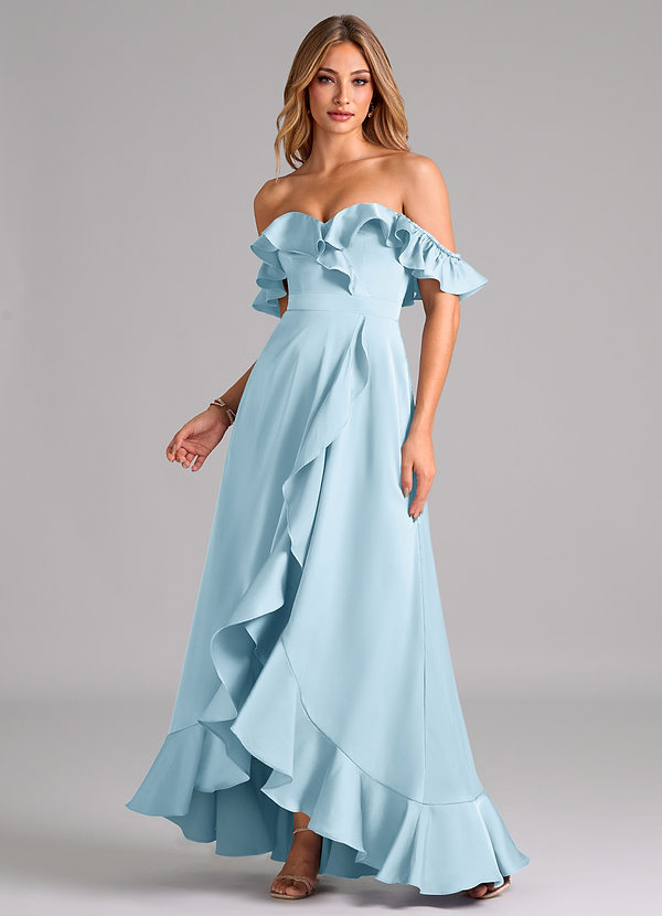 Azazie Lyra Bridesmaid Dresses Sky Blue A-Line Off the Shoulder Stretch Satin Convertible Dress image1
