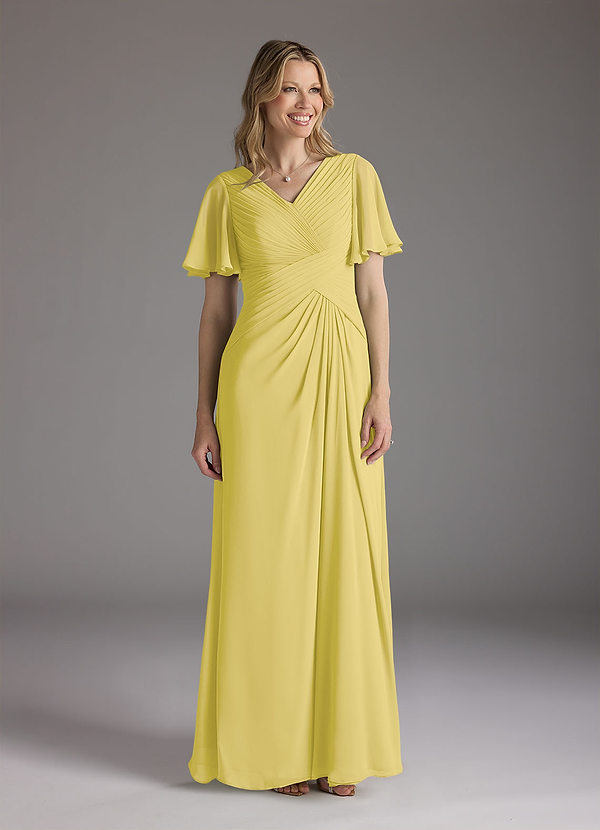 Azazie Morning Glory Mother of the Brides Dresses Canary A-Line V-Neck Ruched Chiffon Dress image1