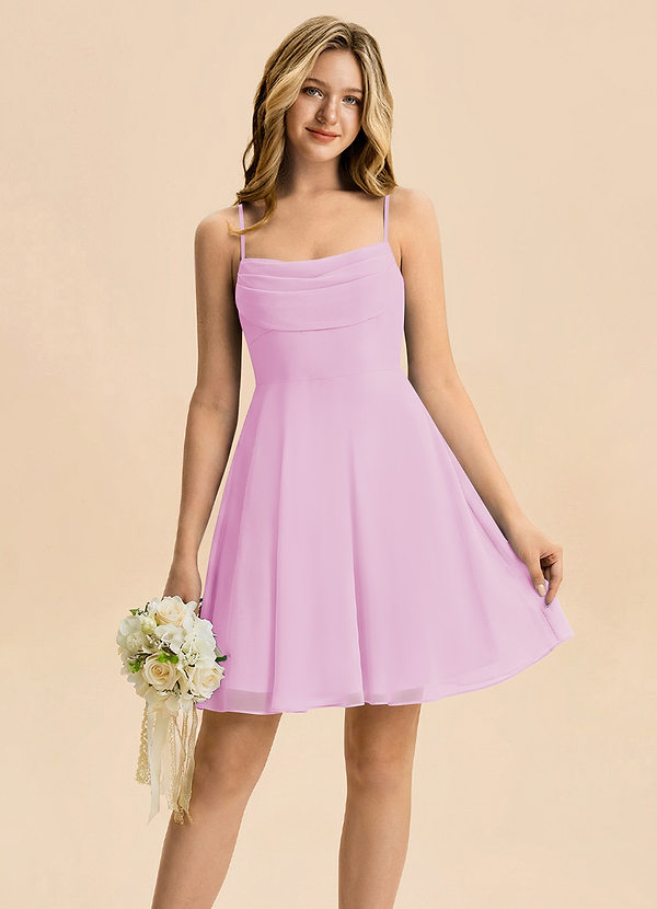 Azazie Bear Junior Vestido Rosa Caramelo de Gasa de Corte en A con Plisado image1