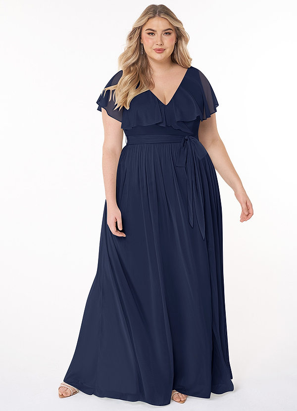 Azazie Jael Bridesmaid Dresses Dark Navy A-Line V-Neck Mesh Dress image1