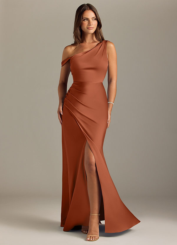 Azazie Madelyn Bridesmaid Dresses Cedar Rose Mermaid Off the Shoulder Stretch Satin Convertible Dress image1