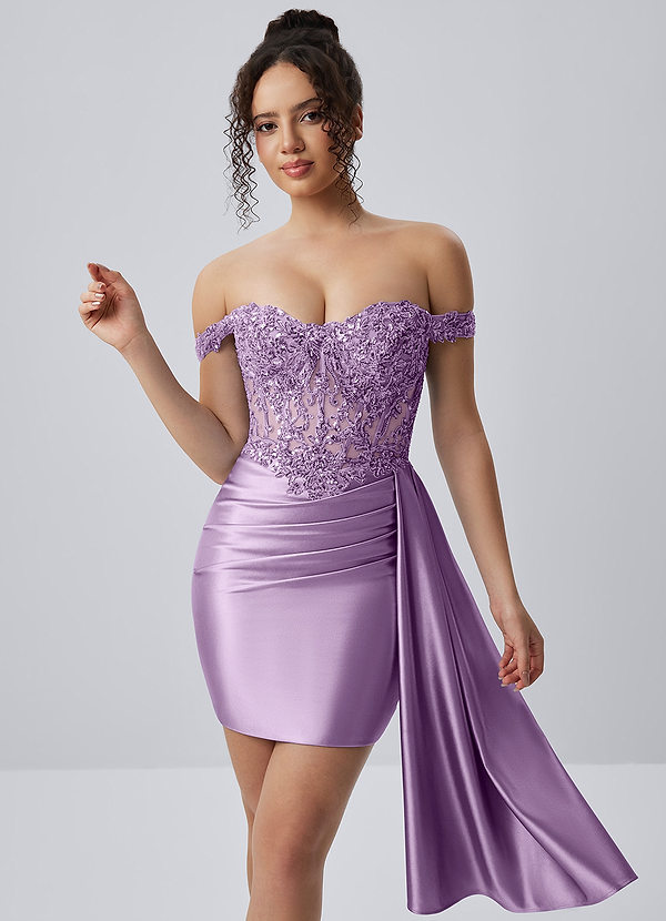 Oralien Lila Minivestido de satén elástico con volantes, corsé y cordones, bordado con lentejuelas y abalorios image1
