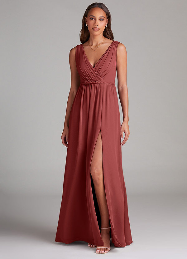 Azazie Tanicia Robes de demoiselle d'honneur Robe Trapèze en Mousseline de soie Plissé Terracotta image1