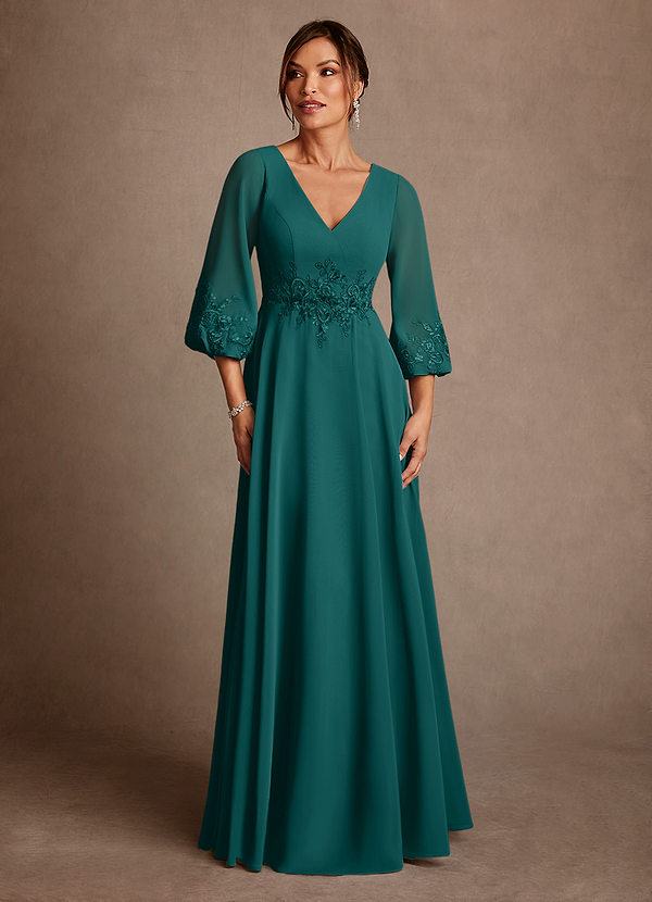 Azazie Yorba Abiti da Mamma Sposa Abito A-Line in Chiffon Pizzo Verde Pavone image1