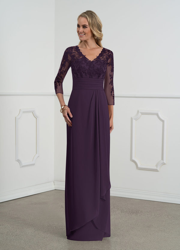 Plum Azazie Joan Sheath V-Neck Lace Chiffon Floor-Length Dress | Azazie