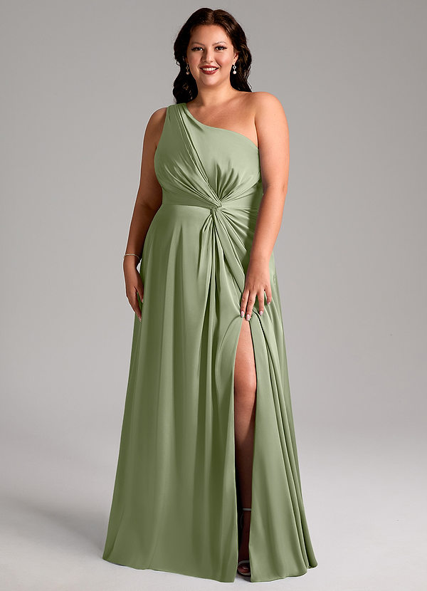 Azazie Brooke Bridesmaid Dresses Pistachio A-Line One Shoulder Stretch Satin Dress image1