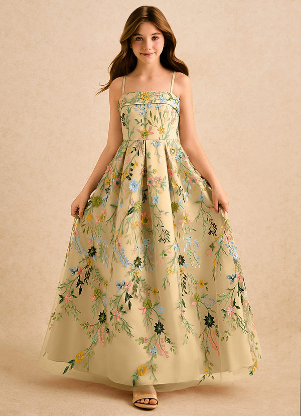 Azazie Lark Girls Formal Blomsterpigekjoler A-Line Plisseret Blonder Gulv-længde Kjole image1