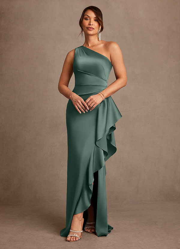 Azazie Yvette Vestidos de Madre de la Novia Vestido de Musgo Marino de Satén Elástico de Corte Recto con Hombro unilateral image1