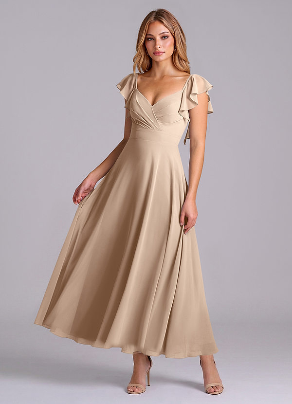 Azazie Leilani 신부 들러리 드레스 A라인 셔링 쉬폰 발목 길이 드레스 image1